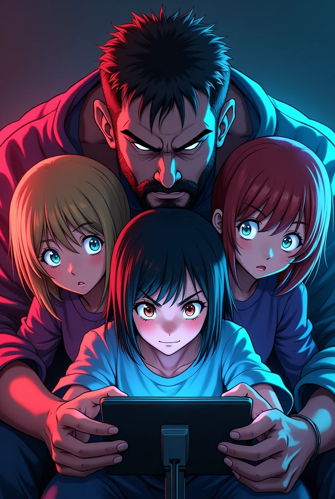 Pai e 2 filhas gamers  em formato de anime  radical dark 