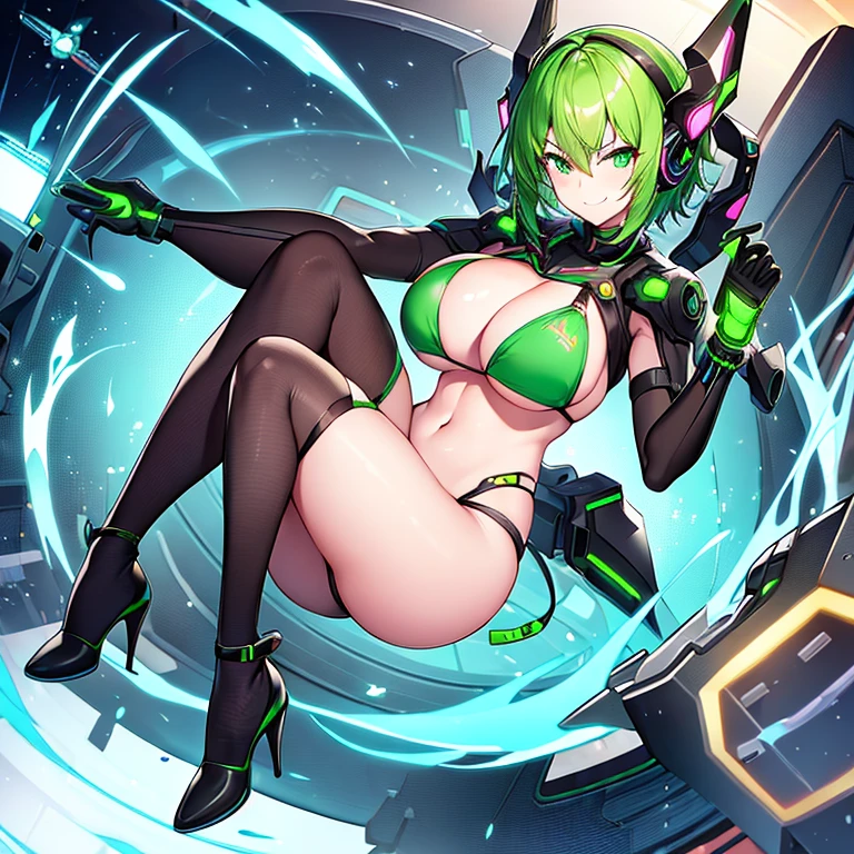 1girl, large breasts, breasts, thick thighs, green hair, bikini, black bikini, smirk, smile, futuristic, science-fiction, tech, neon trim, machinery, short hair, headset, helmet, head-mounted device, mind control, hypnosis, covered eyes, jackopose, bottom-up, top-down, full_bofy, ((full body)), high heels, long legs,