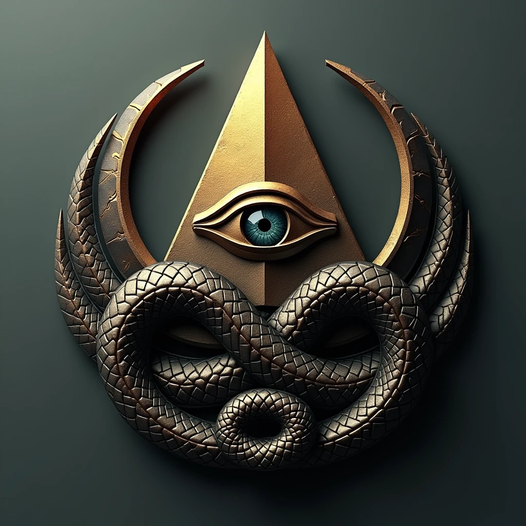 create a raised logo, Pyramid with an eye in its center, snake around the pyramid. that's all, with nothing in the background.