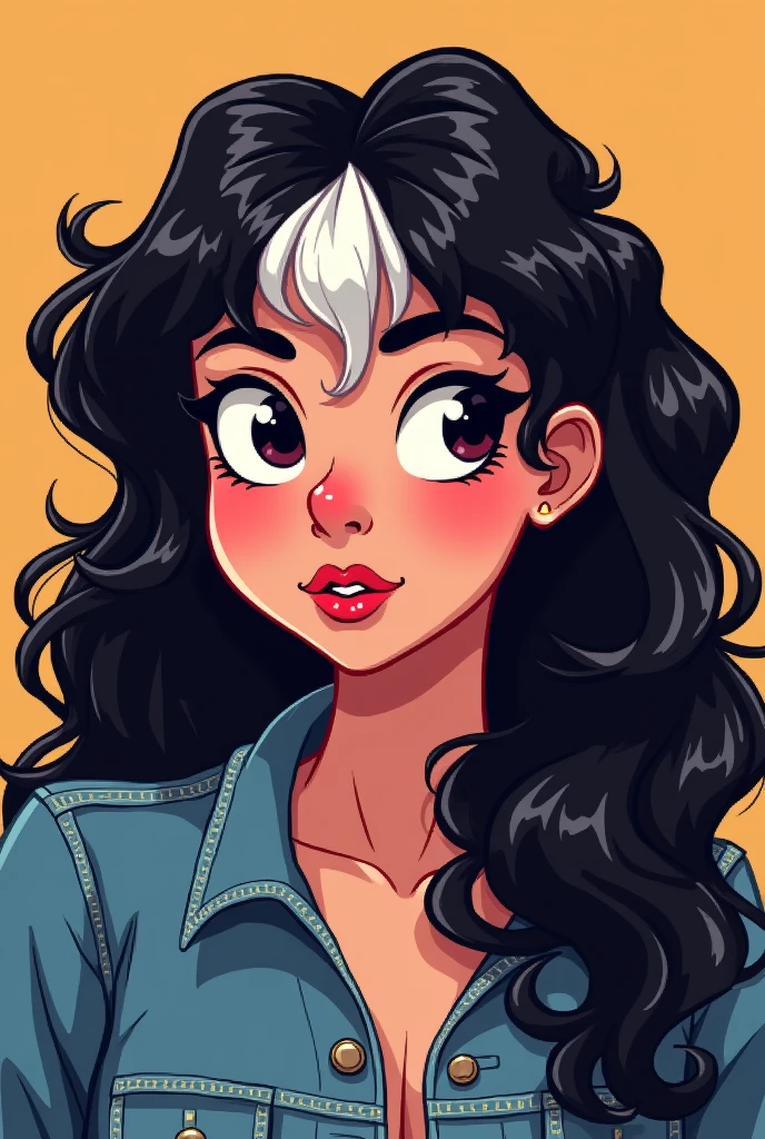 brunette woman, black person hair curly kinky layered long defined white streak, chubby, denim clothing, Brown eyes, reddened mouth, dark eyes, big and wide face, Disney pixel animation style wide nose
