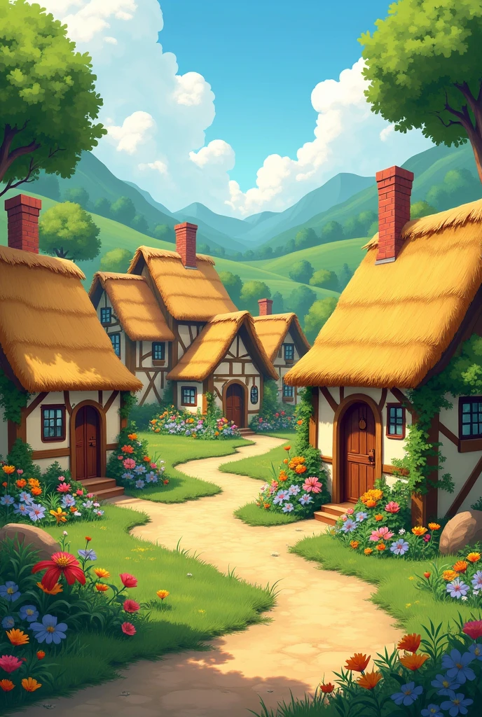 Un village avec de petites maisons aux toits de chaume. Village coloré, verdure magnifique les habitants très heureux