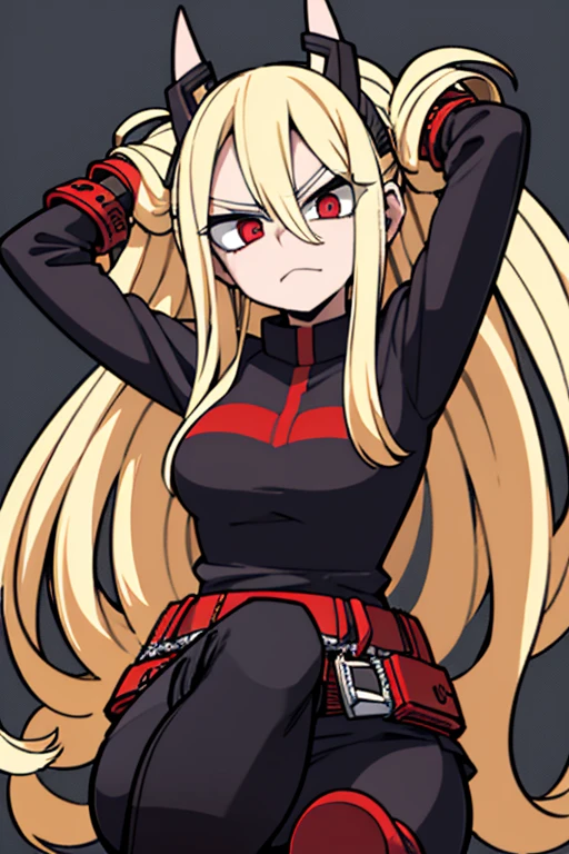 my hero academia girl long blonde hair big red eyes serious look black shirt with a skull black leather pants and long boots and keigo takami