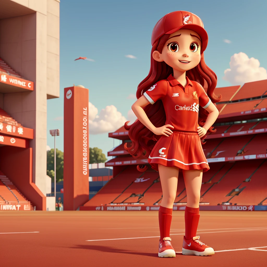 Cartoon characters with cute faces standing in Anfield football stadium. She has long wavy hair, wears a Nike Liverpool jersey, a red skirt and red football boots, and a red Liverpool hat. Raise 2 fingers under a clear and slightly cloudy sky with the English message "YOU'LL NEVER WALK ALONE".