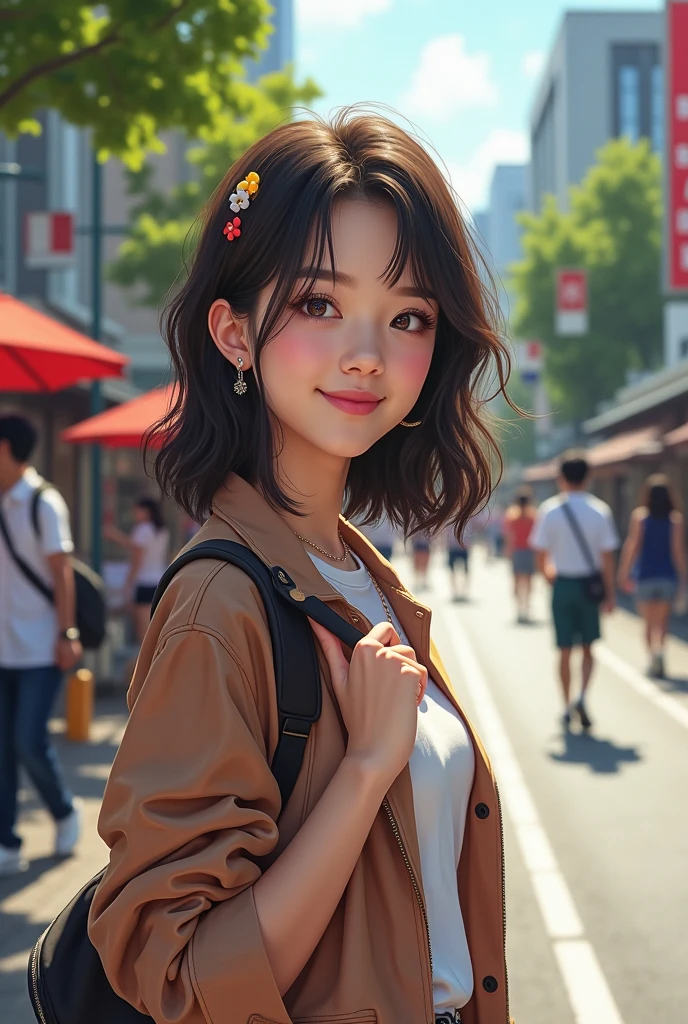 1girl, solo, highres, best_quality, masterpiece, detailed_background, intricate_details, beautiful, hiroshima, hiroshima_peace_boulevard, street_view, casual_clothes, smile, looking_at_viewer, dynamic_pose, natural_pose, candid, happy