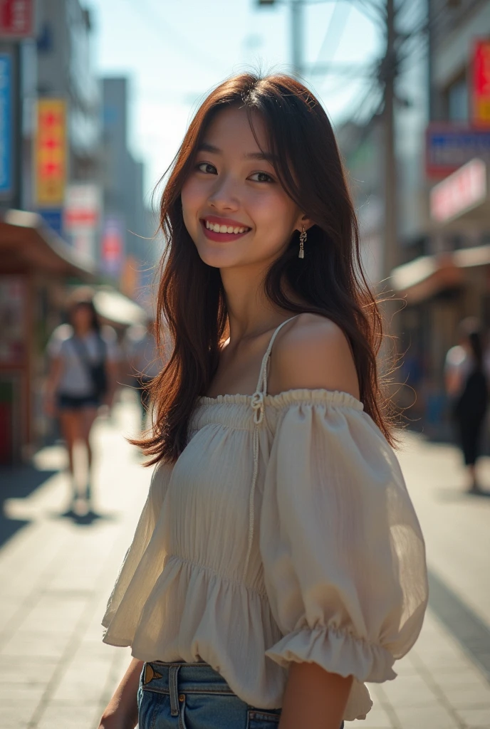 1girl, solo, highres, best_quality, masterpiece, detailed_background, intricate_details, beautiful, hiroshima, hiroshima_peace_boulevard, street_view, casual_clothes, smile, looking_at_viewer, dynamic_pose, natural_pose, candid, happy