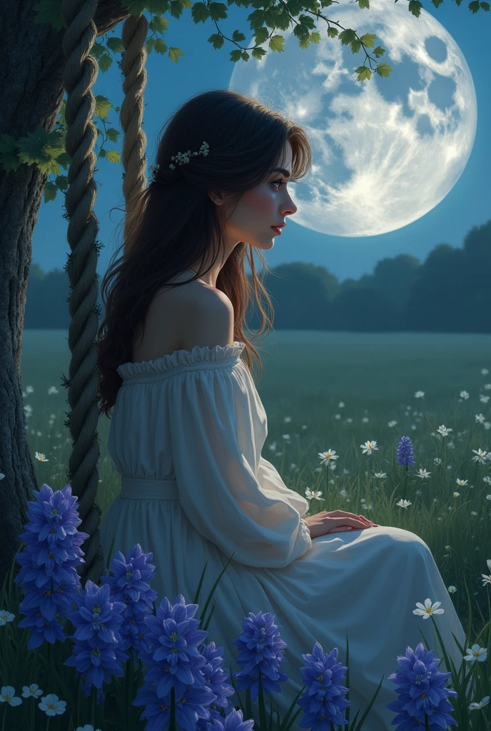 European woman dark brown hair and hazel eyes the moonlight falls on her face accompanied by hyacinths on a swing poetic landscape painted art