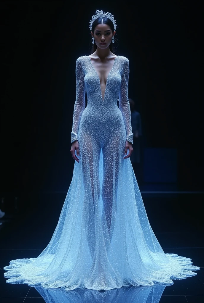 The dress… I had never worn anything like it and I doubted I would do so again..
Made with tiny blue gems, so clear they were almost white, The dress followed all the curves and valleys until it fell to the ground and formed a little pond that was like a liquid of starlight.. The long sleeves were tight on my arms., and they had diamond cuffs on their wrists. The neckline reached my collarbones and that modesty was undone by the way the dress clung to me in areas that I assumed any female liked to show off.. They had put my hair up with two silver and diamond combs.; My hair was left away from my face and then fell over my back.