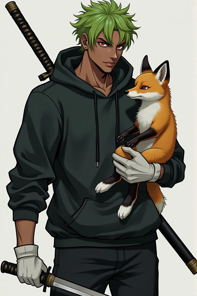 Man with green hair and yellow tips and red eyes with a katana, with a black sweatshirt with a hood and soft black pants with white gloves, dark skin tone, more clearly, with a psychopathic look, with some black and white tennis boots and 2 small knives, with a fox