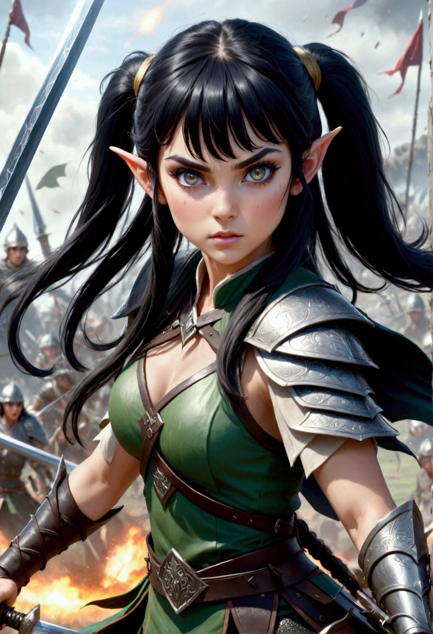 beautiful elf girl, warrior, gray eyes, black hair with bangs and pigtails, furiously coming out of the battle with her sword , in the background a battlefield