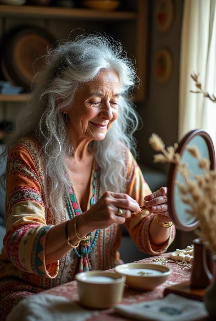 67 year old bohemian hippie woman grooms herself