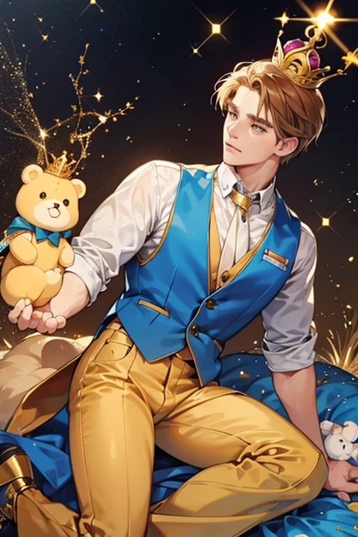 Bannon is a light tan bear with brown hair.
He wears a gold vest and blue pants.
He comes with a gold crown, gold shoes, and a blue present. SPARKLE; GLITTER