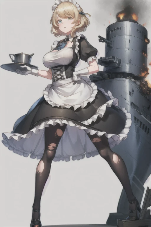 HMS_Renown \(warship girls r\),((masterpiece)),(((best quality))),((ultra-detailed)),((illustration)),((disheveled hair)),((frills)),
1girl, aircraft, airplane, apron, black legwear, blonde hair, breasts, cannon, cleavage, closed mouth, dress, enmaided, frilled apron, frills, gloves, gradient, high heels, long hair, looking at viewer, machinery, maid, maid apron, maid headdress, mecha musume, medium breasts, pantyhose, puffy sleeves, rigging, shoes, short sleeves, smile, solo, standing, torpedo, turret, waist apron, white apron, white gloves, After the transformation,
Redraw your eyes,(blue left eye:1.2),Heterochromia,(yellow right eye:1.2),Anyone can have heterochromia,