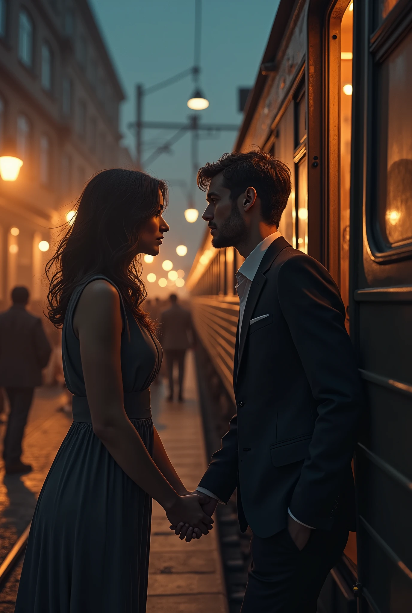 (Photorealism:1.2), a couple of lovers(woman at the car door) waving goodbye to each other(sad facial expression), at a train station, many people, lights at night, gerbong kereta