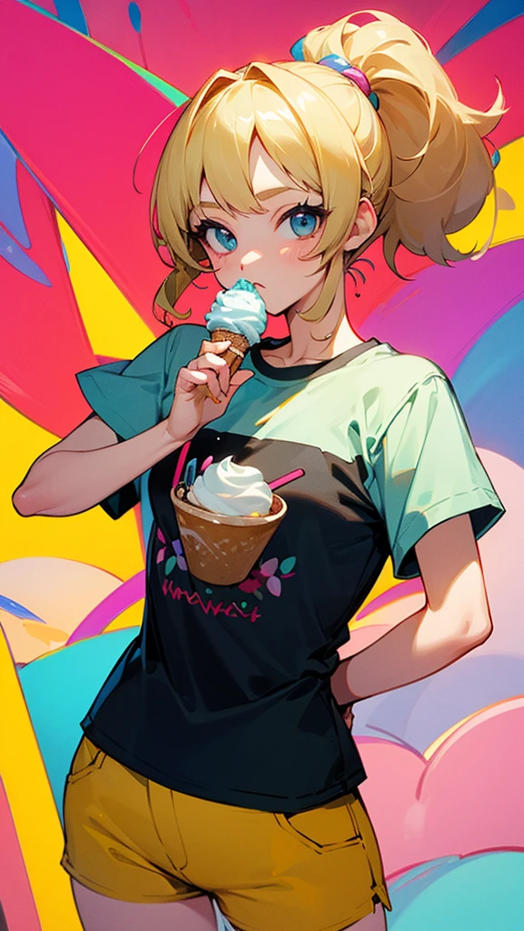 high resolution、Blonde、Perm Ponytail、Eat soft serve ice cream。T-Shirts、hot pants、Colorful hues。Summer