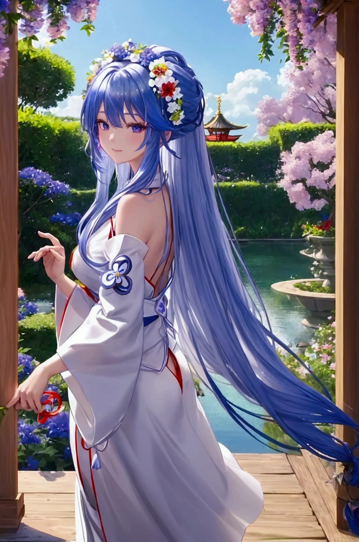 Magnificent View、Floating Island、Hanging Garden、Outdoor、Vision、View from afar、anime、High definition、Miko costume、Dancing in a garden full of flowers、Silver Hair(Long Hair、The top of the head is indigo blue、The ends of the hair are red.)、Sapphire Eyes