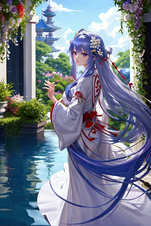 Magnificent View、Floating Island、Hanging Garden、Outdoor、Vision、View from afar、anime、High definition、Miko costume、Dancing in a garden full of flowers、Silver Hair（Long Hair、The top of the head is indigo blue、The ends of the hair are red.）、Sapphire Eyes