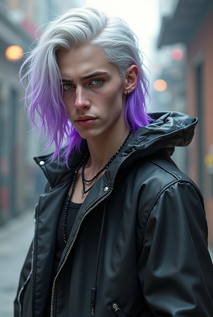 male; long hair, mullet style, white with purple tips; light green eyes; decent, average height, around 5'7"; chubby, curvy body; 90's grunge fashion