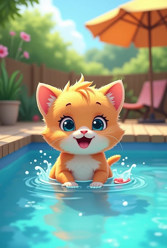 cat in the swimming pool cartoon cute kitten small