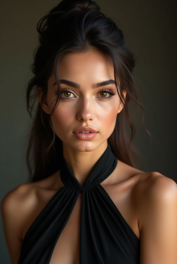 A brown-skinned girl who looks like Nadine Nassib Njeim with Asian features wearing a black dress