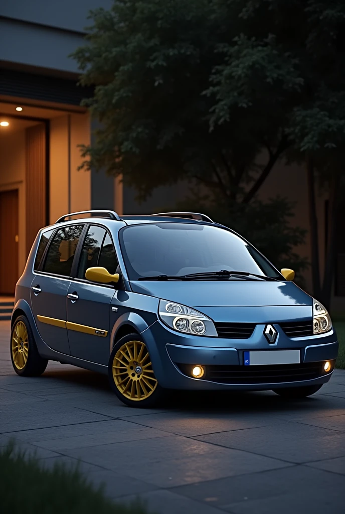 Renault Scenic II 2007 model in twilight blue with burnt yellow details on the doors, rims, fenders and mirrors