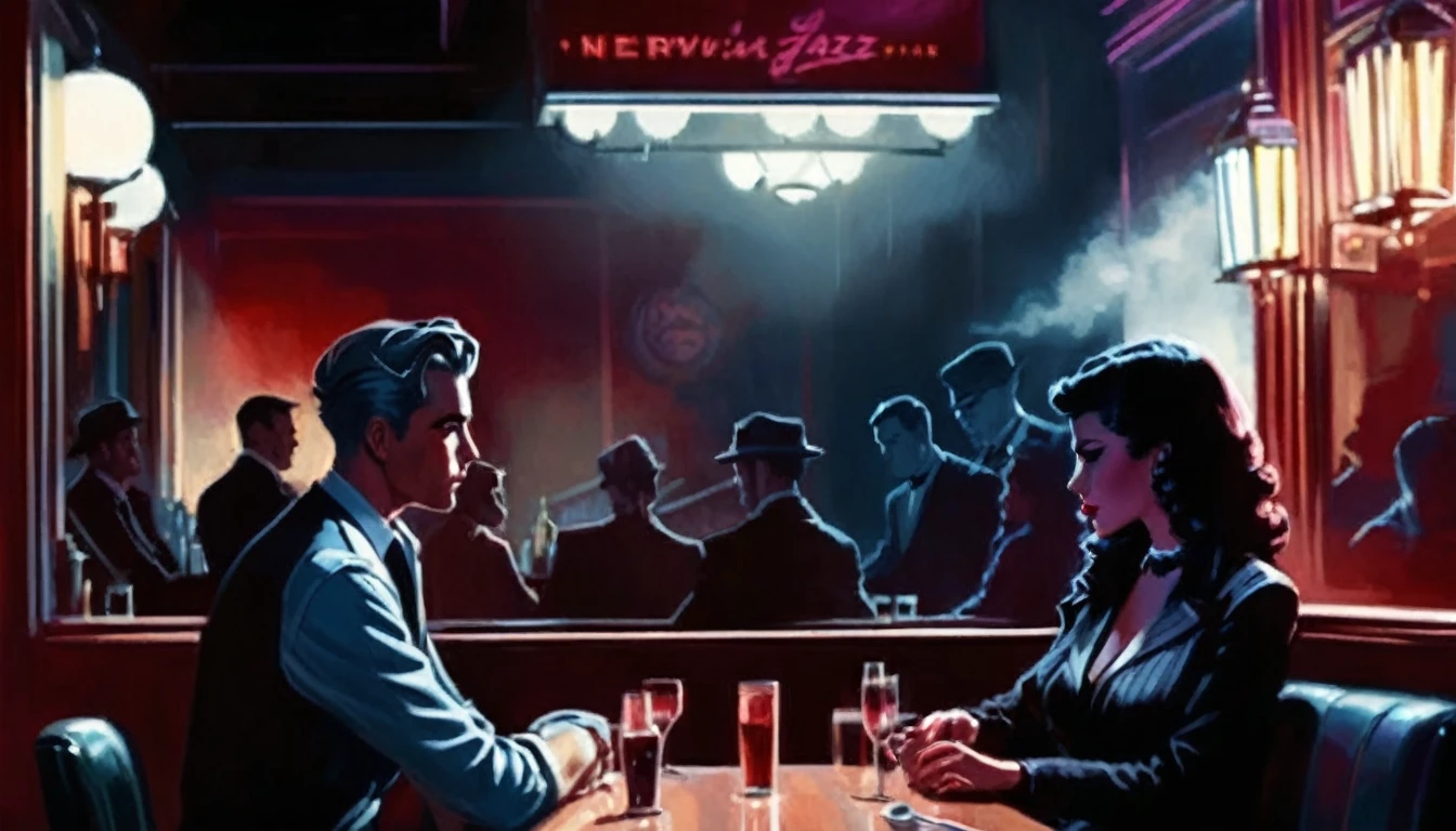 Picture of a couple sitting at a restaurant table, film noir jazz bar, Nighthawks, neo noir style, neo - noir style, drawn in a neo - noir style, Neo-Noir Setting, diner scene, Dim Tavern, ( Art Fitzpatrick ), Dim scene, by Gavin Nolan, Bar illustration/Lounge