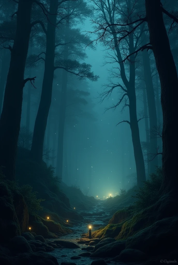 "A dark, misty forest at night with tall, shadowy trees standing in the background. The scene is illuminated by the faint glow of fireflies scattered throughout the forest, adding an eerie yet magical atmosphere. The ground is uneven and covered with rocks and roots, leading deeper into the dense forest. The overall mood is mysterious and slightly unsettling, with the fog creating a sense of depth and obscurity. The text 'SOBRENATURAIS 1' is placed on the upper left corner, while 'DIÁRIO DOS SOBRENATURAIS' is on the upper right, both in a bold, serif font."