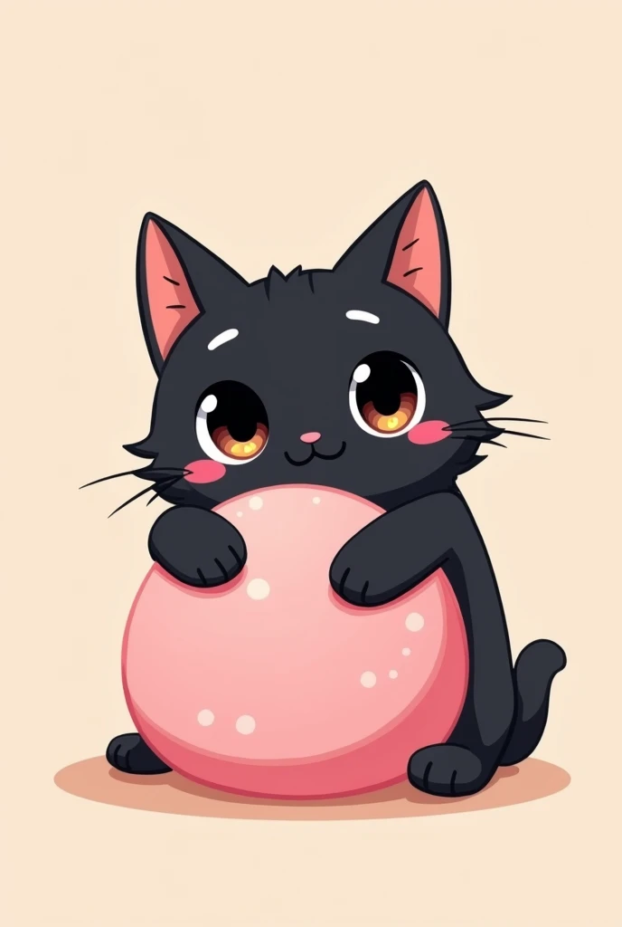 a cat on top of a pink mochi , The cat that is a cartoon and black is the most adorable and that is hugging him
