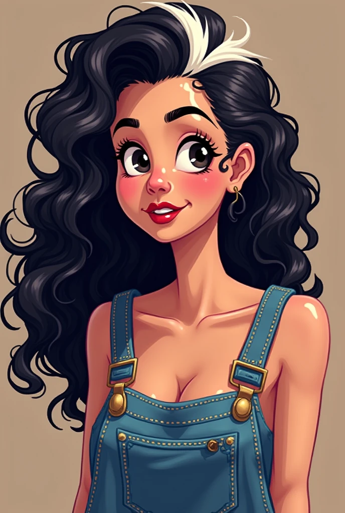 brunette woman, black person hair curly kinky layered long defined white streak, chubby, denim clothing, Brown eyes, reddened mouth, dark eyes, big and wide face, Disney pixel animation style wide nose