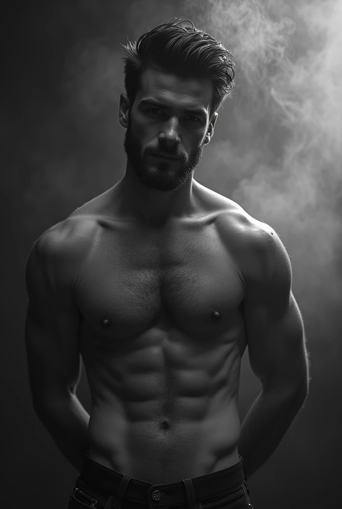 handsome Nicolas Lebeau without clothes. Sensual shooting. pleasure. sweaty body . sex. Chest muscles! Chest hair! ((monochrome)), ((grayscale)) Smoke!!!