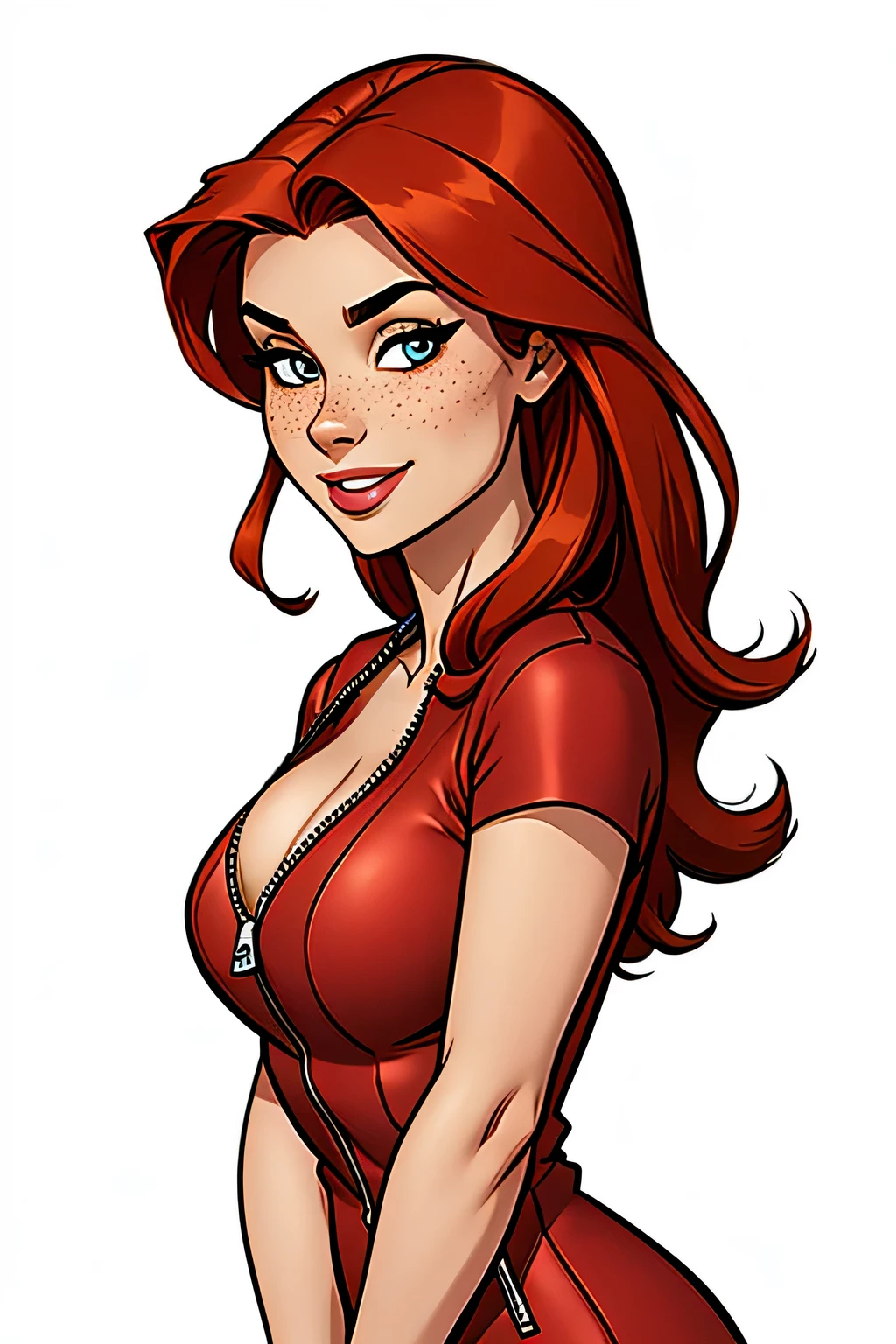 Thin woman, age 25, 4K (High definition), mysterious smile, seducing gaze, eyes browns, wearing red dress (with side zipper) with princess neckline and short sleeves, arms positioned at the side of the body, Caucasian skin, straight red hair to shoulder length, standing (upper body), full of curves with freckles across her chest and neck, round breasts. Marvel style high quality, white background.