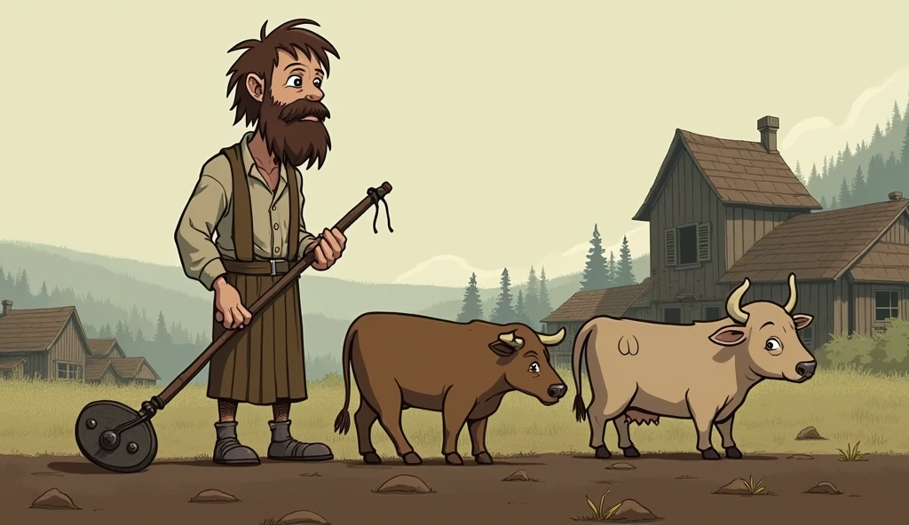 Very white man, Scrawny, with brown hair and a full beard, com roupas simples. A cattle with small horns with a plough (iron plow) to plow a plantation. In the background a simple village with a simple mill