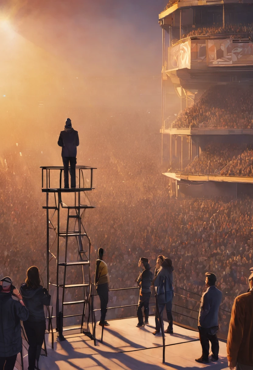 A group of 7 people, are on a high platform, and below several people are listening to one of these people speak, the place is a kind of huge arena.