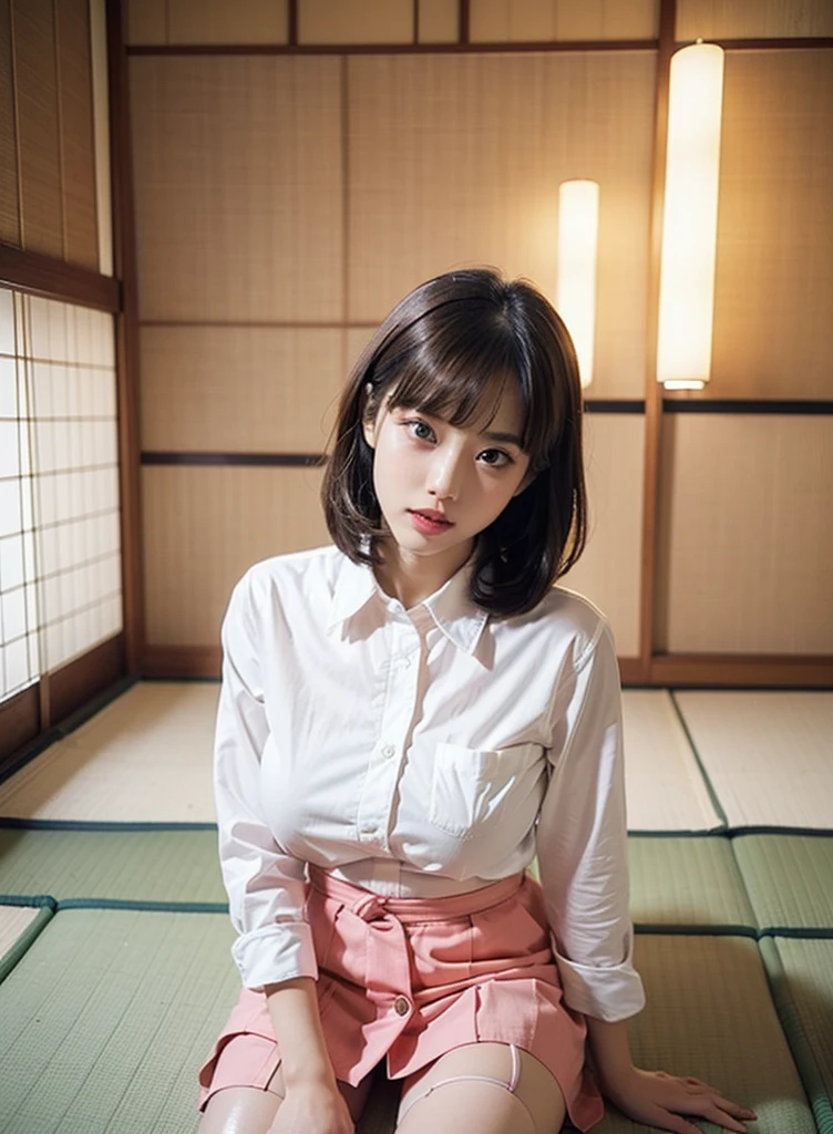 ((Japanese Idols))　((Plump and glossy lips))　Big Breasts　((Short brown hair with bangs))　((Looking into the camera))　Sit with your legs apart　((White button shirt and black enamel tight skirt))　　Low angle shot of a person standing facing forward　Looking down　((A bedroom with shoji screens and tatami tatami lit up with pink neon lights))　