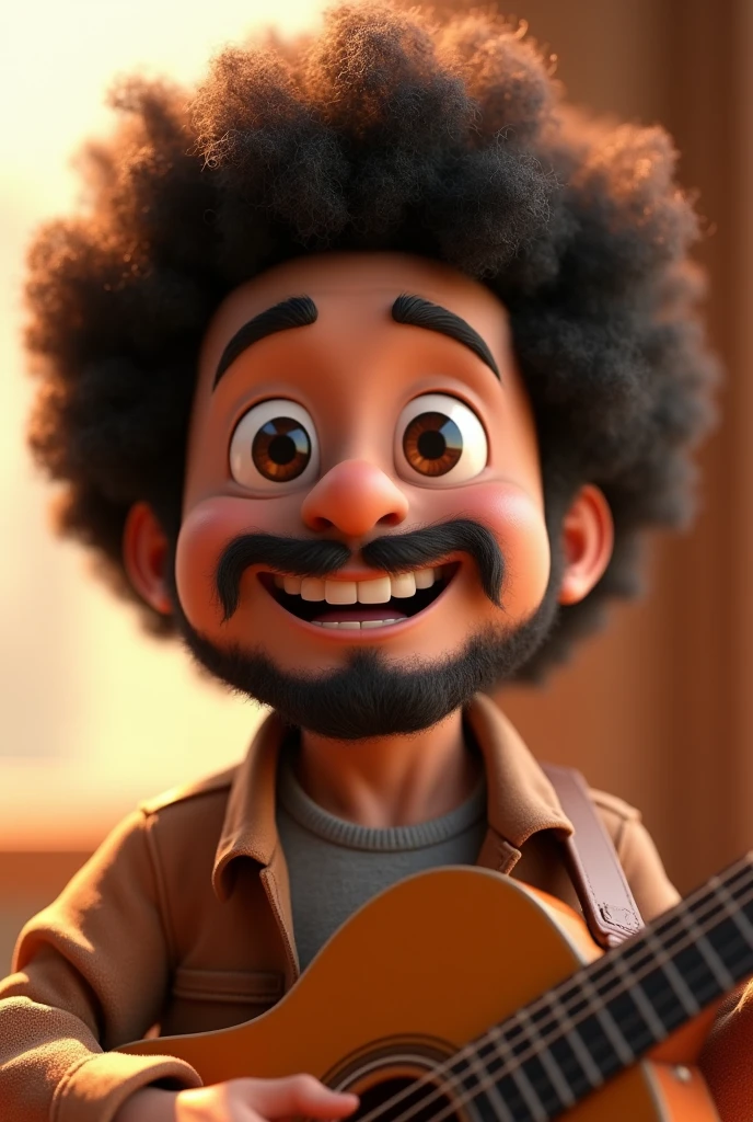 Happy 50 year old Japanese male cartoon character with afro hair and no beard holding a guitar, Anime characters, Stylized characters, Animation-style rendering, 3D stylized, Arnold Maya Rendering, 3D rendering style, toon render keyshot, 3D Characters, 3D Characters, 3D rendering style, 3D Charactersレンダリング, Cartoon characters, Close-up Character, Character pose, (Pixar Style) (Master Parts:1.2) (Bokeh) (Highest quality) (Fine skin) (Fine texture) (8k) (clay) (Cinema Lighting) (Sharp focus)