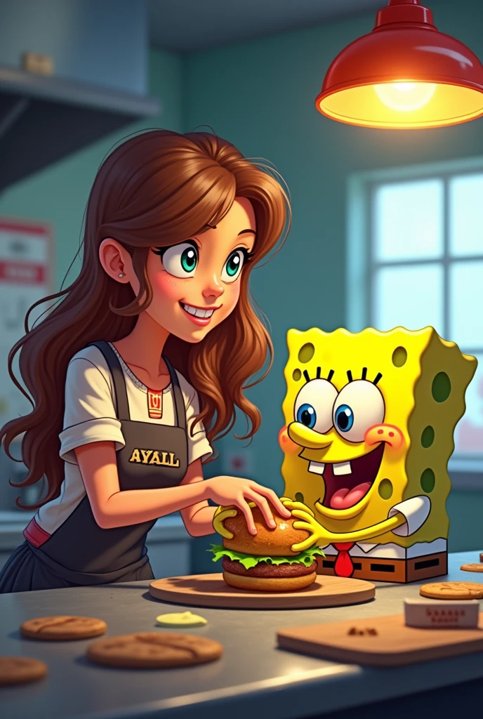  girl with long brown hair helping Sponge Bob prepare the burger in the Krusty Krab kitchen