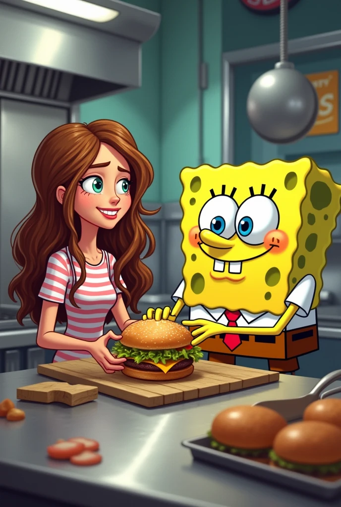 Teenage girl with long brown hair helping Sponge Bob prepare the burger in the Krusty Krab kitchen
