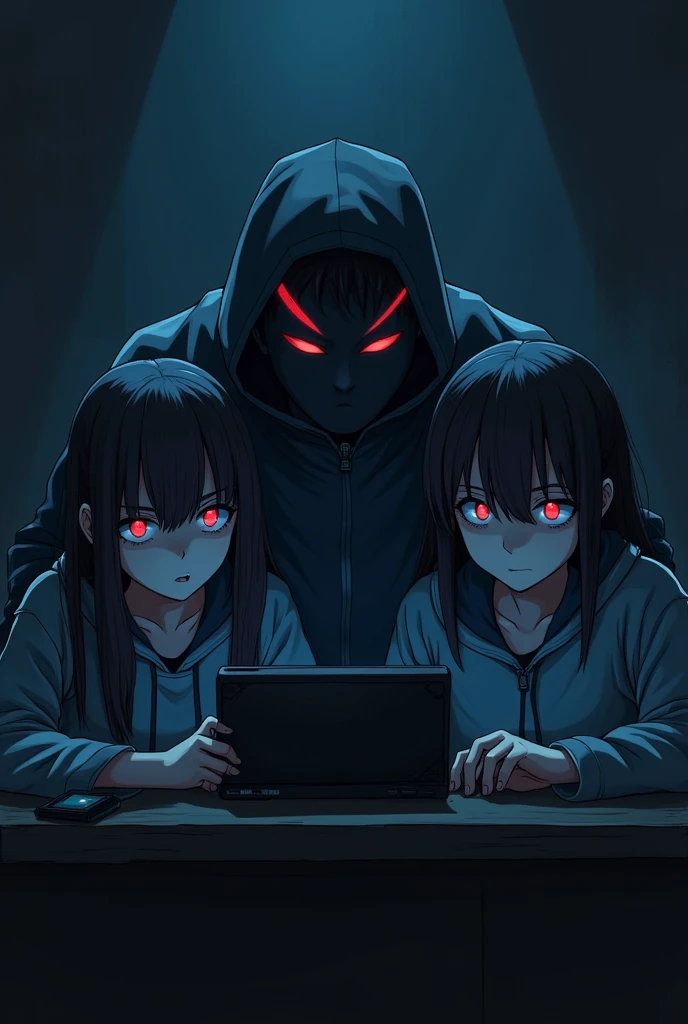 Father and 2 daughters gamers in masked dark anime format