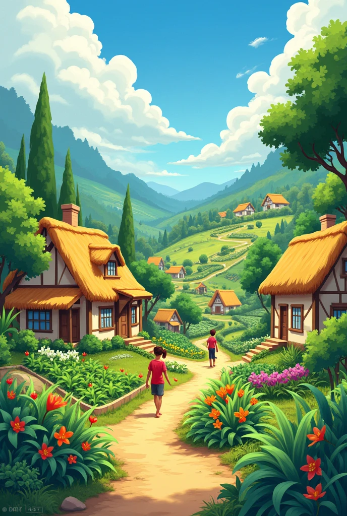 A village with small houses with thatched roofs. Colorful village,  The greenery is beautiful, The inhabitants with their vegetables are very happy 