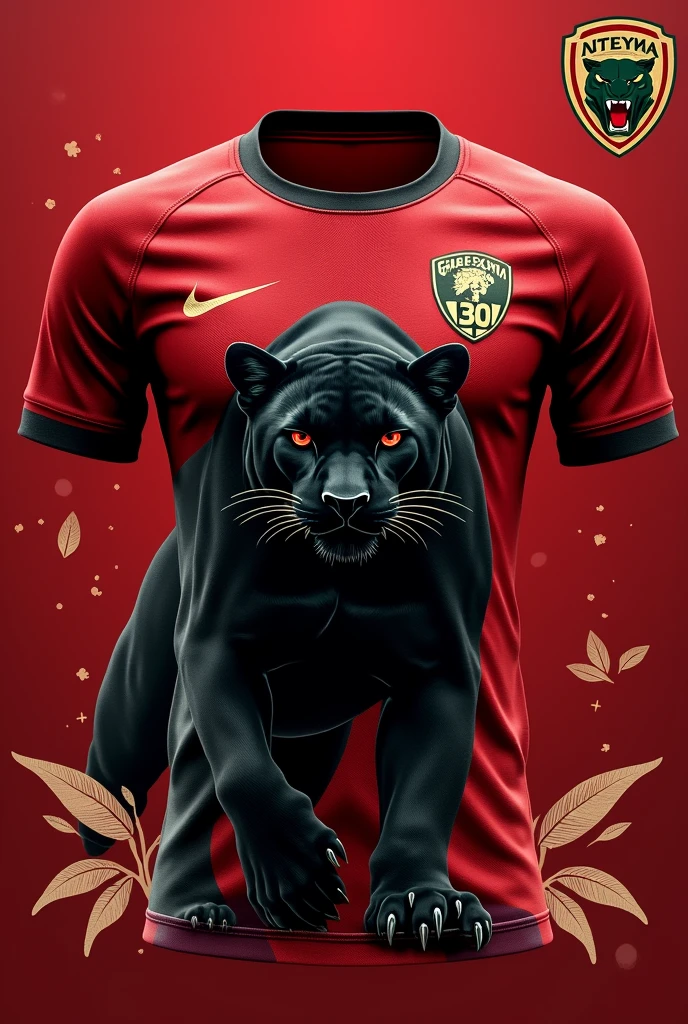 Dark red football shirt FRONT part a black panther with gold details on the front side In the upper right part the number 30 in white and in the upper left part a logo of the head of a panther in gold, green and red. Details of white leaves throughout the shirt.