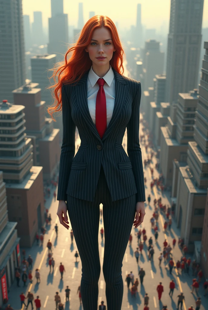 10000 feet tall,multiple women, giantess, many people in street, a pair of huge breasts, pinstriped suit,white tailored shirt, large Windsor knot red tie, Has ginger waist-length hair,Wearing a pair of platform heels,A look of enjoyment, Beautiful appearance, smile, (satellite view)giga giantess