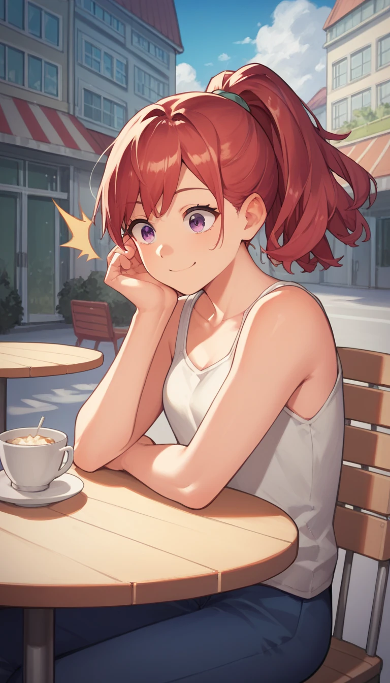 score_9, score_8_up, score_7_up, source_anime, 1girl, purple eyes, medium hair, ponytail, grey color, red inner hair, surprised expression, smile, sit, Chair, In the background are the urban buildings of Tokyo, looking at the camera, Outdoor café terrace, juice, Shooting up close, Shooting from the side, table, Very cute face, Pose with hands tucked behind ears, Cheek resting on hand, white tank top, blue pants, Very blue sky, A completely cloudless sky.