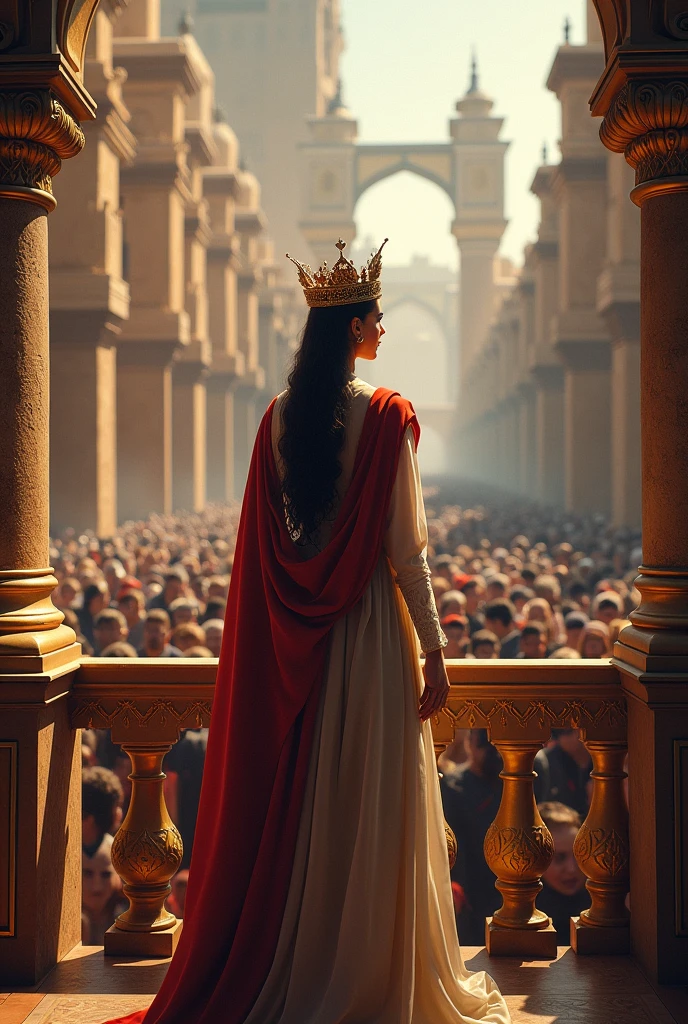 Queen Esther standing on the balcony before a crowd 