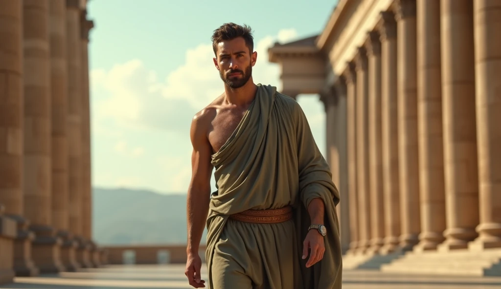 In a revitalized Roman forum or expansive open-air space with grand, restored Doric columns, a male stoic philosopher is shown in a natural, contemplative pose, exuding confidence and resilience. He wears a pristine tunic in muted earthy tones—grey, brown, and olive green—with subtle shoulder openings that accentuate his physique. The camera captures him in a candid moment, perhaps walking or standing thoughtfully, with his expression reflecting a mix of resolve and calm. The scene is bathed in soft, ambient light that enhances the philosopher’s presence and the grandeur of the Roman setting. The background’s vibrant sky and well-maintained columns symbolize hope and renewal, creating a serene and uplifting atmosphere while subtly highlighting the philosopher’s seductive and refined appearance.