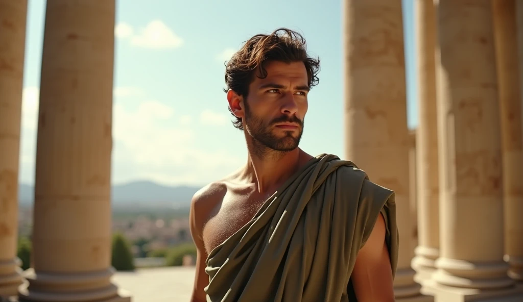 In a revitalized Roman forum or expansive open-air space with grand, restored Doric columns, a male stoic philosopher is shown in a natural, contemplative pose, exuding confidence and resilience. He wears a pristine tunic in muted earthy tones—grey, brown, and olive green—with subtle shoulder openings that accentuate his physique. The camera captures him in a candid moment, perhaps walking or standing thoughtfully, with his expression reflecting a mix of resolve and calm. The scene is bathed in soft, ambient light that enhances the philosopher’s presence and the grandeur of the Roman setting. The background’s vibrant sky and well-maintained columns symbolize hope and renewal, creating a serene and uplifting atmosphere while subtly highlighting the philosopher’s seductive and refined appearance.