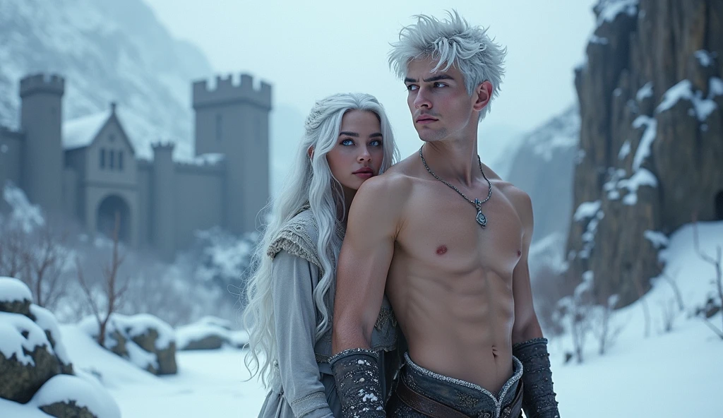 A targaryen teenager boy with  with silver short hair and purple eyes, Winterfell scenary, shirtless in the snow. couple