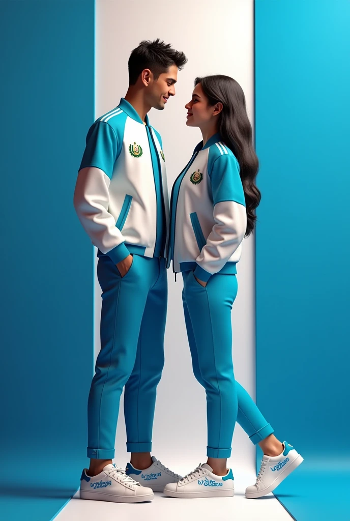 Create realistic 3D images A couple looking at each other with a white and blue jacket with the El Quietzal shield and white Adidas tennis shoes with blue caps with the letter YO SOY CHAPIN and the background with a flag of GUATEMALA502 Blue and white color