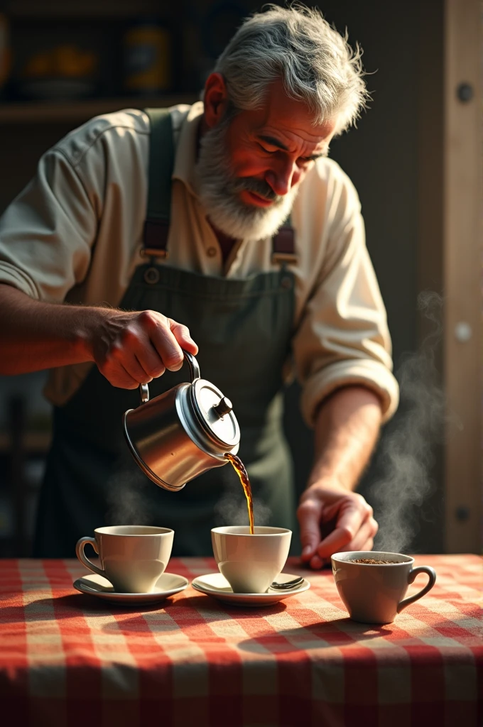  A farmer pouring coffee into three different cups, each one smaller than the previous. Around him, A simple table with a checkered cloth and a rustic atmosphere.