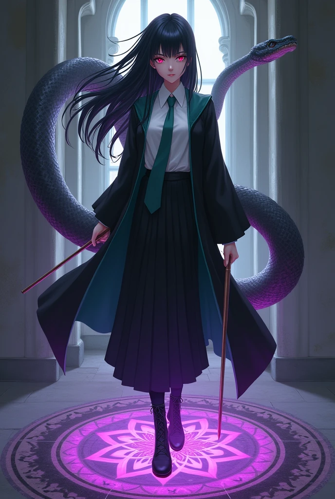 magic magic school。Snake House Student。White blouse。Green tie。Long black pleated skirt。Black lace-up boots。Black robe with green lining。A thin, wooden magic wand。Straight long black hair。Bangs。Hime cut hair。Crimson Eyes。Mysterious beautiful girl。Quiet。Expressionless。cold gaze。Indifference。Powerful magic。Purple light。A complex and detailed magic circle at my feet.。He is accompanied by a giant poisonous snake about 10 meters long.。