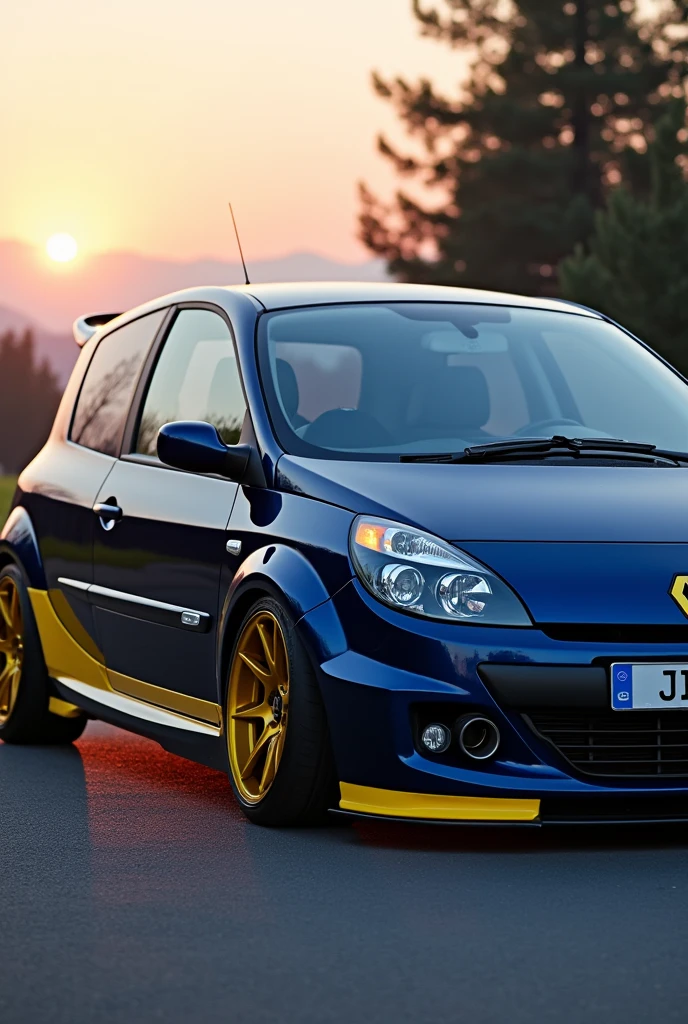 Tuning of Renault Scenic II model 2007 in twilight blue with burnt yellow details on the doors, rims, fenders and mirrors