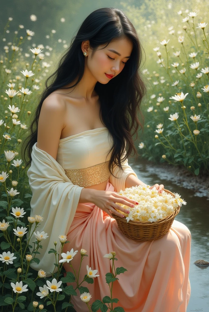 full lenght 4 k in the middle of a garden of love flowers, a beautiful young woman with a gentle and sweet face, long black hair flowing smoothly, wearing a Thai Dusit dress with a white strapless top, shimmering in the light, wearing a gold and white sarong with a pink sheen, a white shawl covering the shoulders, is picking jasmine flowers into a small basket, the morning atmosphere is beautiful, the freshness of the green atmosphere of the love flowers section, along a small stream, oil painting, modern painting, art painting by Professor Chalermchai